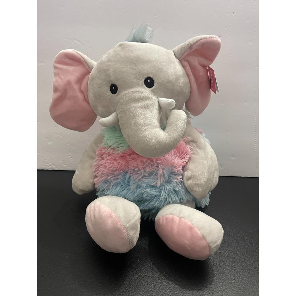 Hug Fun Elephant Plush Grey Pastel Pink Blue Shaggy Faux Fur Stuffed Animal Toy
